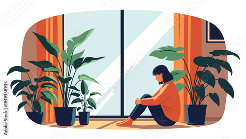 Young woman sitting alone on the floor of a sunlit room filled with indoor plants while feeling sad and lonely.