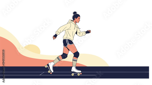 Young woman roller skating on a track with protective gear while exercising outdoors against a minimalist background.