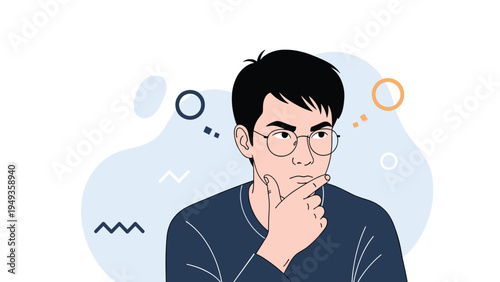 Young man with black hair and glasses touching his chin while thinking deeply about a creative idea or problem.
