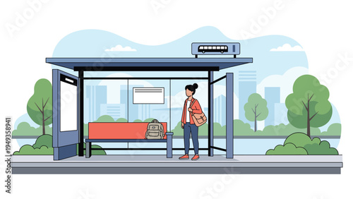 Female commuter standing at a bus stop shelter in a city environment while waiting for public transportation.