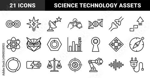 Advanced scientific research and digital innovation symbols. Technical monoline pictograms for biotechnology, energy, and data intelligence.