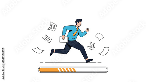 Businessman running quickly while carrying documents with a loading bar indicating progress and urgent deadlines.