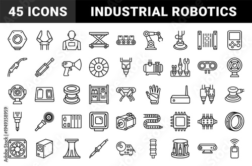 Industrial robotics and automated manufacturing hardware elements. Technical monoline pictograms for smart factory systems and engineering.