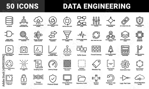 Software development and data engineering workflow elements featuring technical monoline pictograms for backend architecture and coding logic.