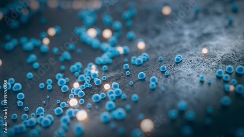 An abstract light blue surface with rolling, glowing little balls. Looping animation.