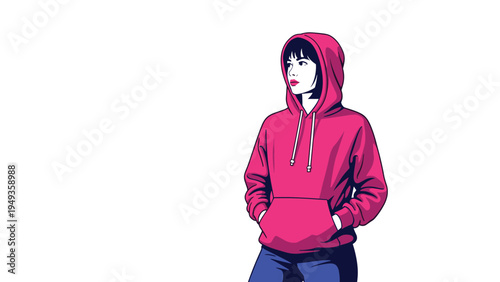Young woman with short dark hair wearing a bright pink hooded sweatshirt looking away against a white background.
