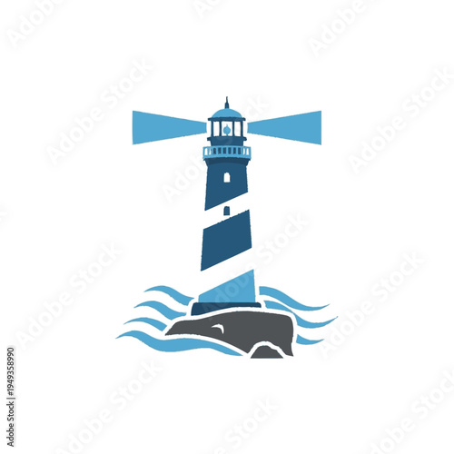 Modern blue lighthouse vector icon with light beams and ocean waves, symbolizing guidance, safety, and navigation