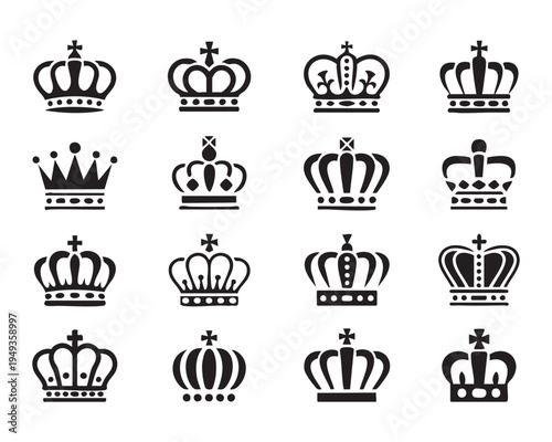 Twelve black vector crown icons with crosses and intricate details on white background