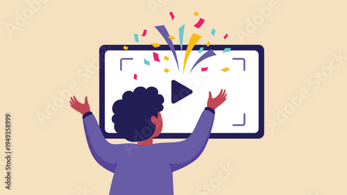Excited person watching a video on a large tablet or monitor screen with colorful confetti celebrating a success.