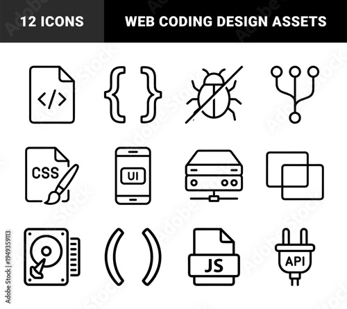 Software development and web programming elements featuring coding syntax, backend servers, and mobile UI design in a bold monoline aesthetic.