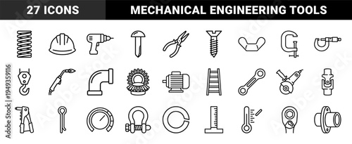 Industrial engineering and mechanical maintenance equipment. Technical monoline icons featuring heavy machinery parts, construction tools, and hardware components.