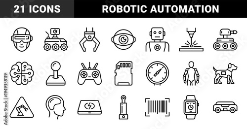 Robotics and artificial intelligence automation elements for technical documentation. Monolinear geometric pictograms featuring bionic engineering and machine learning concepts.