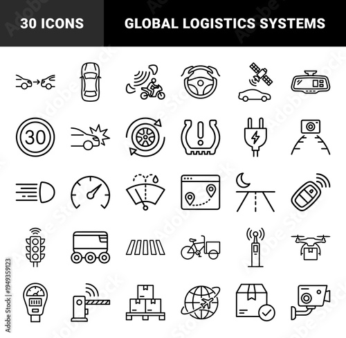 Automotive technology and smart logistics navigation elements in a technical monoline style featuring autonomous driving and delivery systems.