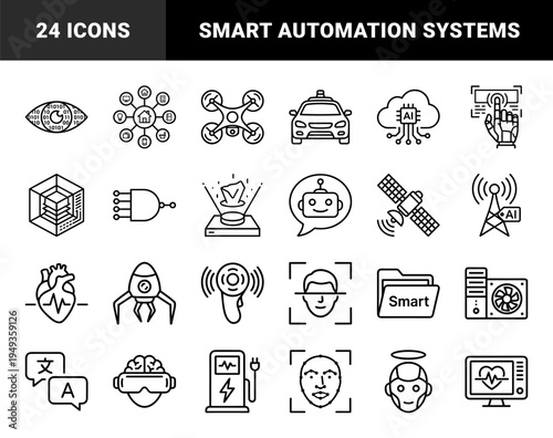Artificial intelligence and future technology monoline elements featuring robotics, smart automation, and neural network connectivity concepts.