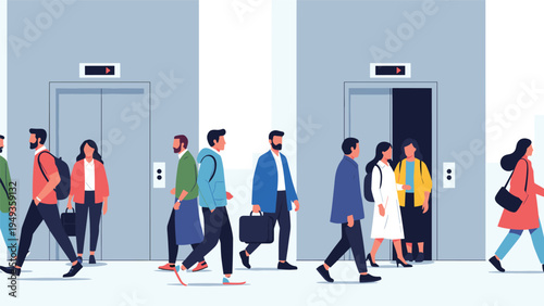 Busy crowd of people walking through a modern building lobby with elevators to show urban life and work commute.