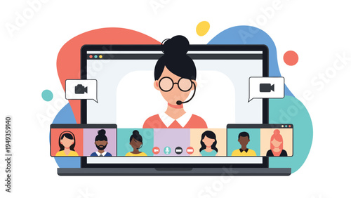 Laptop screen displaying a group video conference call with multiple diverse participants for remote work meetings.