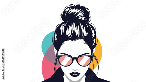 Stylized illustration of a fashionable woman with a hair bun wearing sunglasses and a black leather jacket.