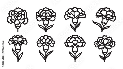 Collection of Carnation Flower Line Art Icons Isolated on White Background