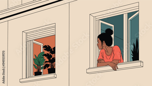 View of an apartment building facade with a woman leaning out of a window and another window showing indoor plants.