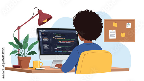 Programmer from behind working on a computer screen filled with code lines in a home office with plants and a lamp.