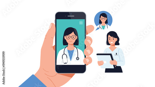 Hand holding a smartphone showing a video call with a doctor for a remote medical consultation or telehealth service.