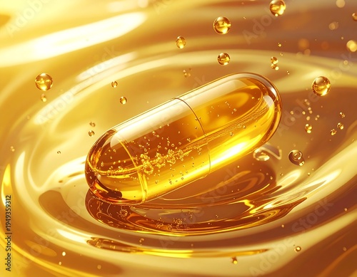Golden capsule in liquid, ripples and drops