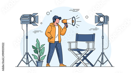 Film director wearing a headset and holding a megaphone on a professional movie set with studio lighting.
