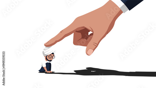 Giant human hand pointing downwards towards a small person to represent authority, pressure, or judgment.