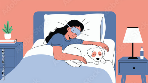 Peaceful woman sleeping soundly in her bed while hugging her faithful white dog during a quiet night.