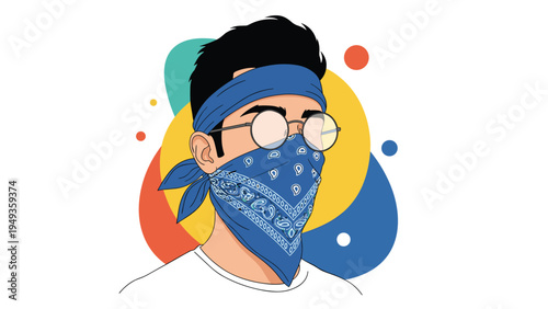 Portrait of a young man wearing a blue paisley bandana as a face mask and matching headband with round glasses.