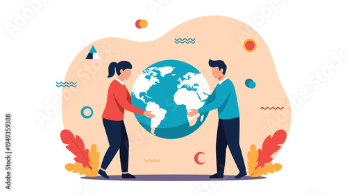 Man and woman working together to hold a large globe symbolizing global cooperation and environmental care.
