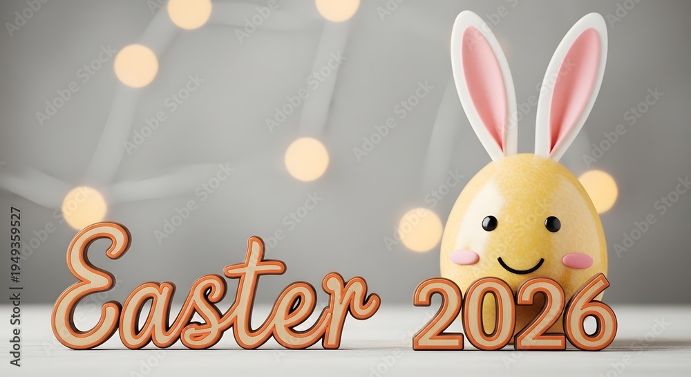 Fototapeta premium Easter 2026 cute bunny egg and festive lights background