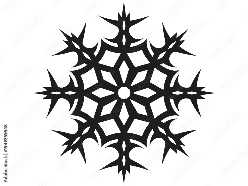 Obraz premium Abstract geometric leaf Black and white symmetrical geometric snowflake pattern with sharp angular lines