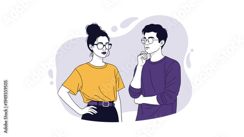 Man and woman in deep contemplation looking at each other with thoughtful expressions against a purple background.