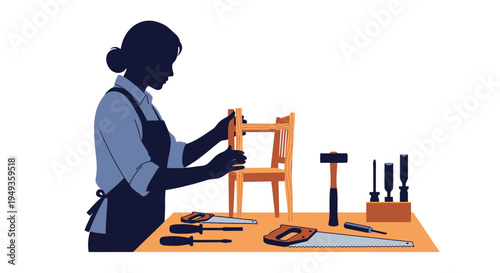 Silhouette of a carpenter woman working on a wooden chair