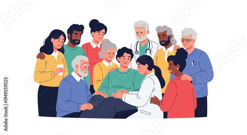 Diverse Community and Medical Team Providing Compassionate Support and Care to a Patient, Symbolizing Collective Well-being and Health Assistance