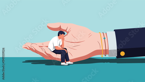 Small person sitting thoughtfully in the palm of a giant hand representing support, safety, or corporate control.