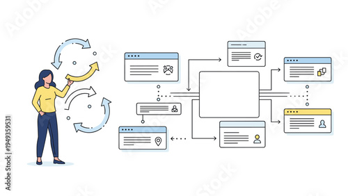 Woman pointing at various circular flow chart elements representing business processes or workflow automation.