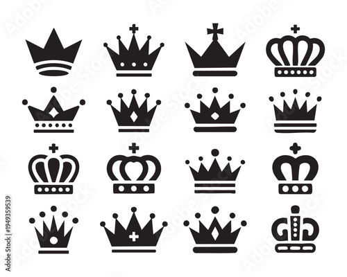 Set of sixteen black crown icons showcasing various royal styles from simple points to ornate gems