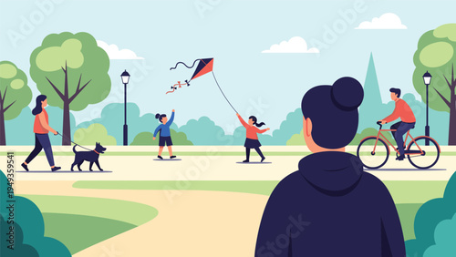 Diverse people enjoying various outdoor activities in a public park like cycling, walking dogs, and flying kites.