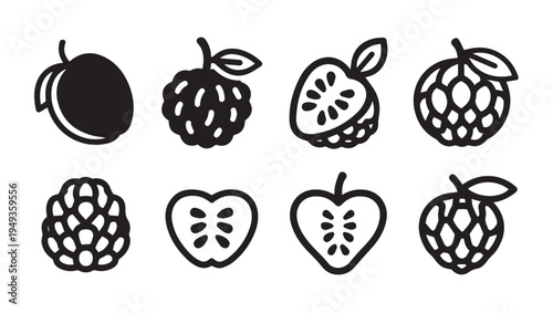 Assorted Fruit Icons Collection Stylized Vector Graphics Simple Line Art