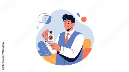 Smiling professional man wearing a blue vest and holding up an identification badge with a red letter V.