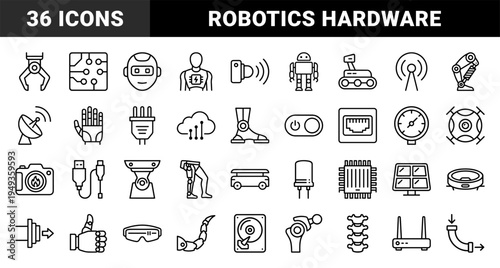 Robotics and automation engineering hardware components. Technical monoline pictograms for artificial intelligence development and mechanical systems.