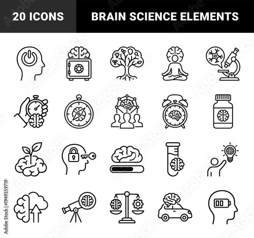 Mental health and cognitive science conceptual elements for educational infographics. Technical monoline pictograms featuring brain power, psychology, and neurology symbols.