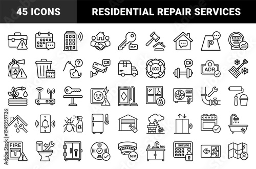 Home maintenance and property management technical monoline pictograms for real estate services and residential repair scheduling interfaces.