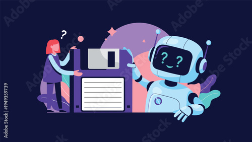 Small girl and a cute robot holding a giant purple floppy disk representing data storage and technology education.