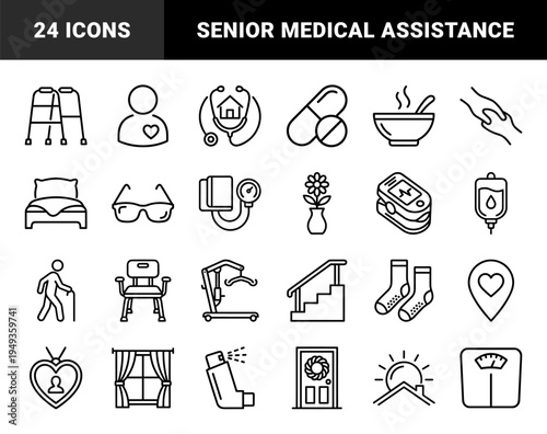 Elderly home care and assisted living medical equipment. Technical monoline pictograms for geriatric healthcare and nursing home services.