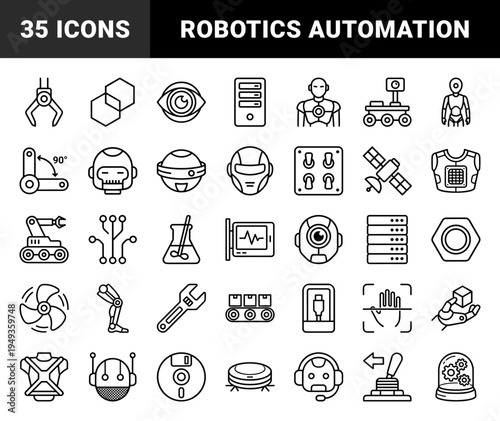Robotics and automation engineering elements for industrial manufacturing. Technical monoline pictograms featuring artificial intelligence and bionic hardware concepts.