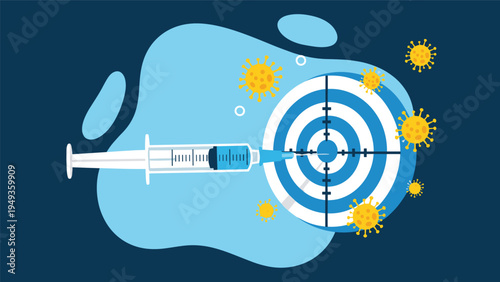 Medical syringe aiming at a target board surrounded by virus cells representing the concept of vaccine development.