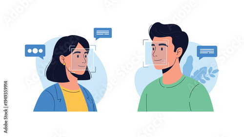 Biometric identification concept featuring a man and woman with facial recognition frames scanning their features.
